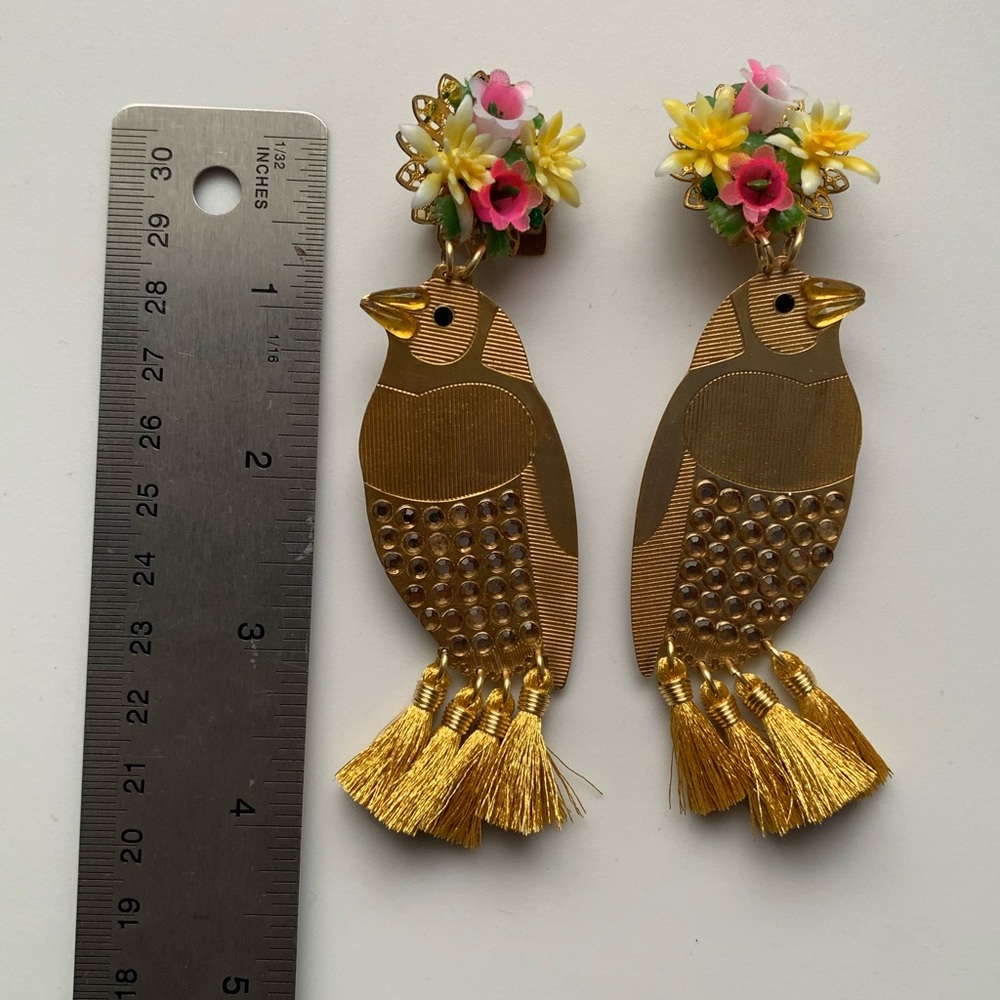 🔥HP🔥Mercedes Salazar gold bird clip-on earrings with tassels and flowers - Picture 7 of 7